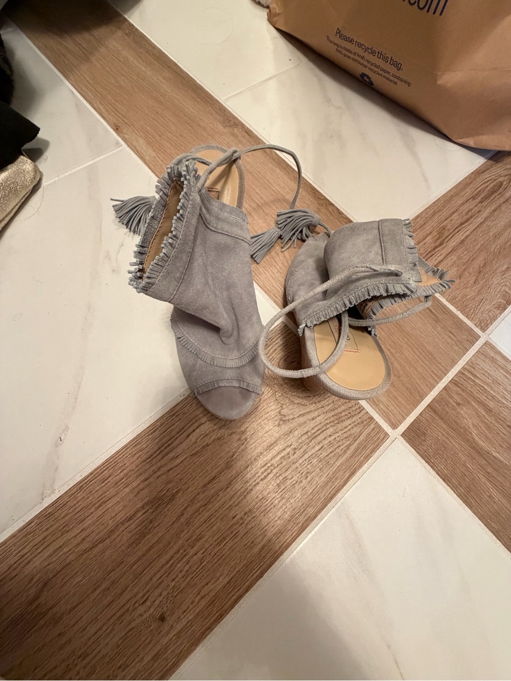 Chinese Laundry Gray Suede Fringe Peep-Toe Ankle Booties